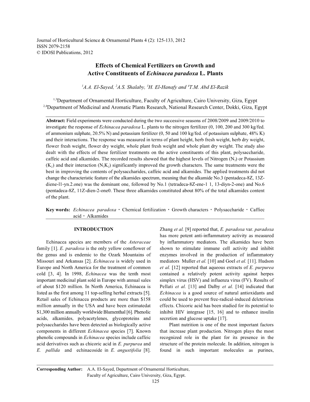 Effects of Chemical Fertilizers on Growth and Active Constituents of Echinacea Paradoxa L