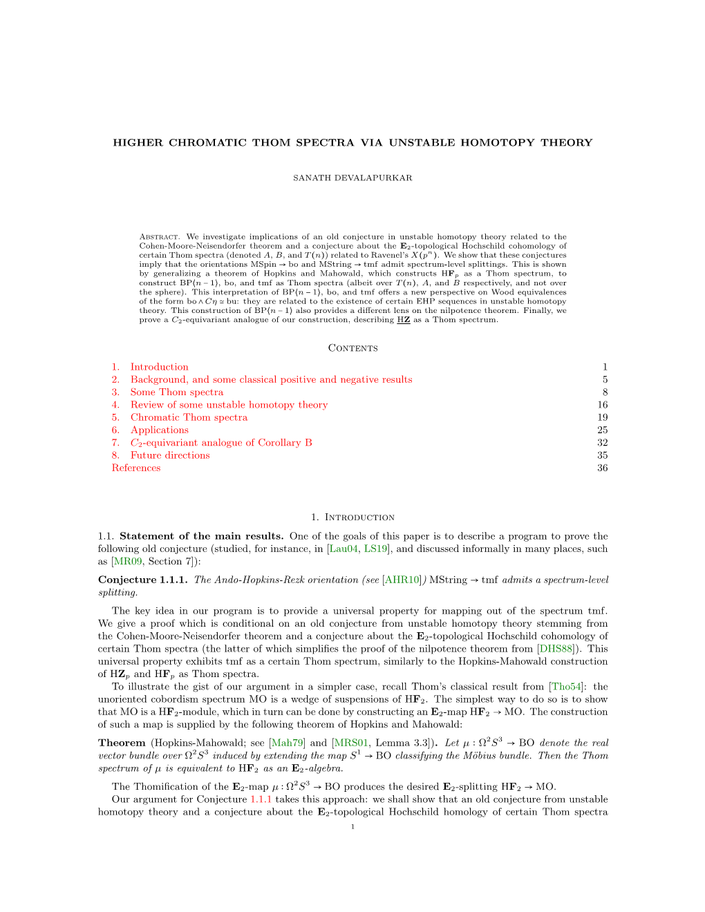 Higher Chromatic Thom Spectra Via Unstable Homotopy Theory