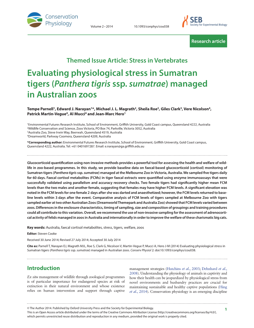 Evaluating Physiological Stress in Sumatran Tigers (Panthera Tigris Ssp