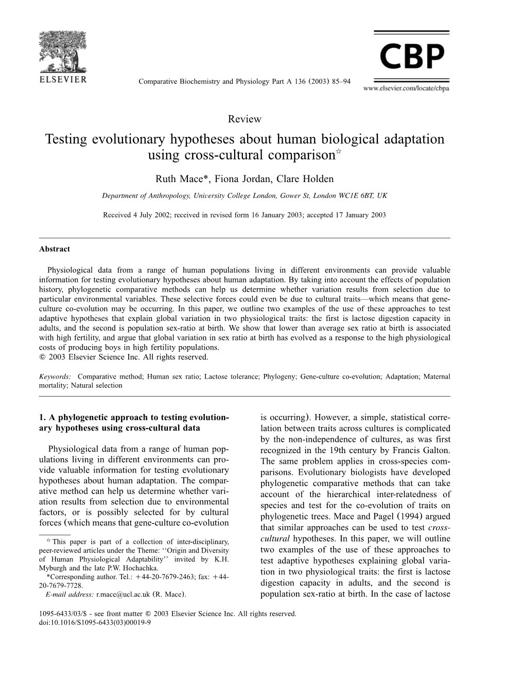 Testing Evolutionary Hypotheses About Human Biological Adaptation Using Cross-Cultural Comparison૾