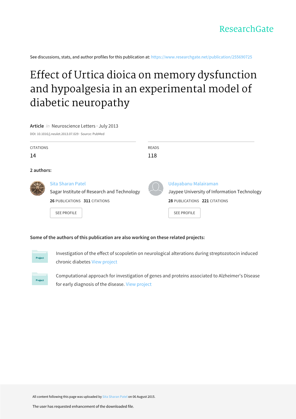 Effect of Urtica Dioica on Memory Dysfunction and Hypoalgesia in an Experimental Model of Diabetic Neuropathy