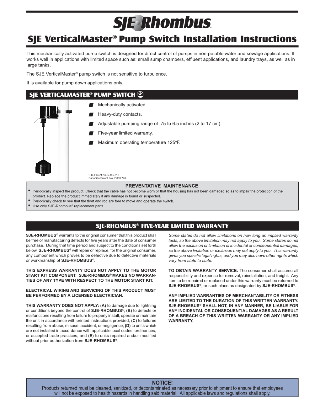 SJE Verticalmaster® Pump Switch Installation Instructions