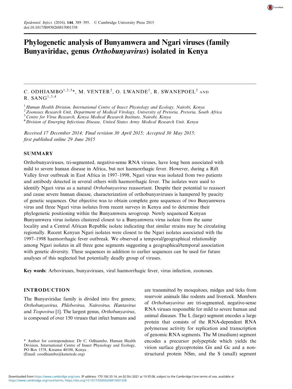 Phylogenetic Analysis of Bunyamwera and Ngari Viruses (Family Bunyaviridae, Genus Orthobunyavirus) Isolated in Kenya