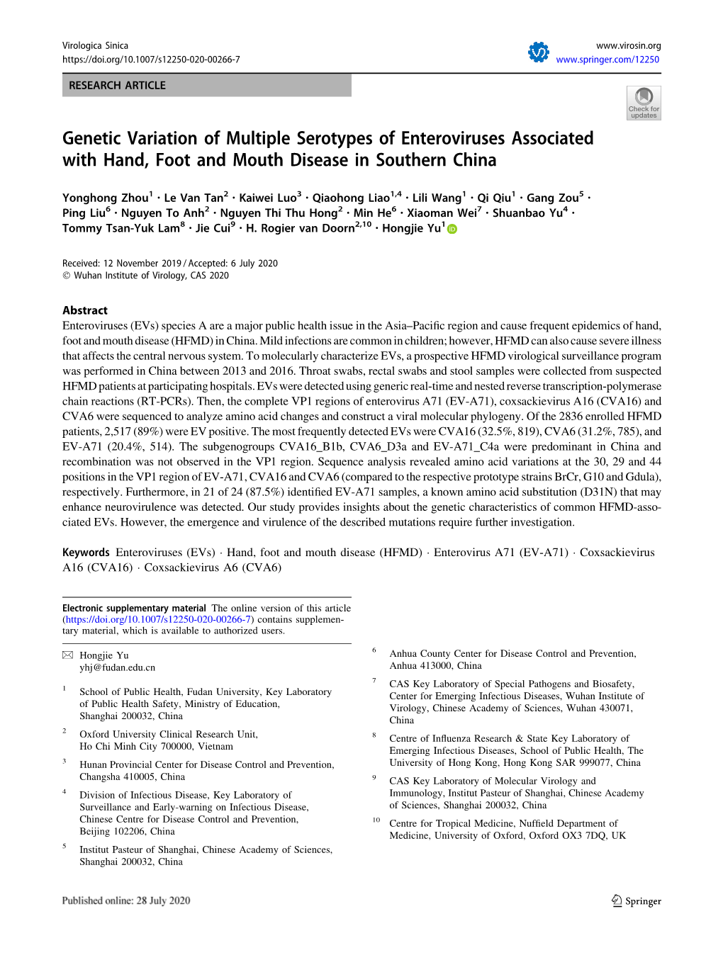 Genetic Variation of Multiple Serotypes of Enteroviruses Associated with Hand, Foot and Mouth Disease in Southern China