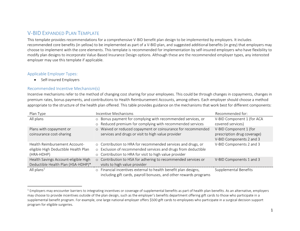 V-BID EXPANDED PLAN TEMPLATE This Template Provides Recommendations for a Comprehensive V-BID Benefit Plan Design to Be Implemented by Employers