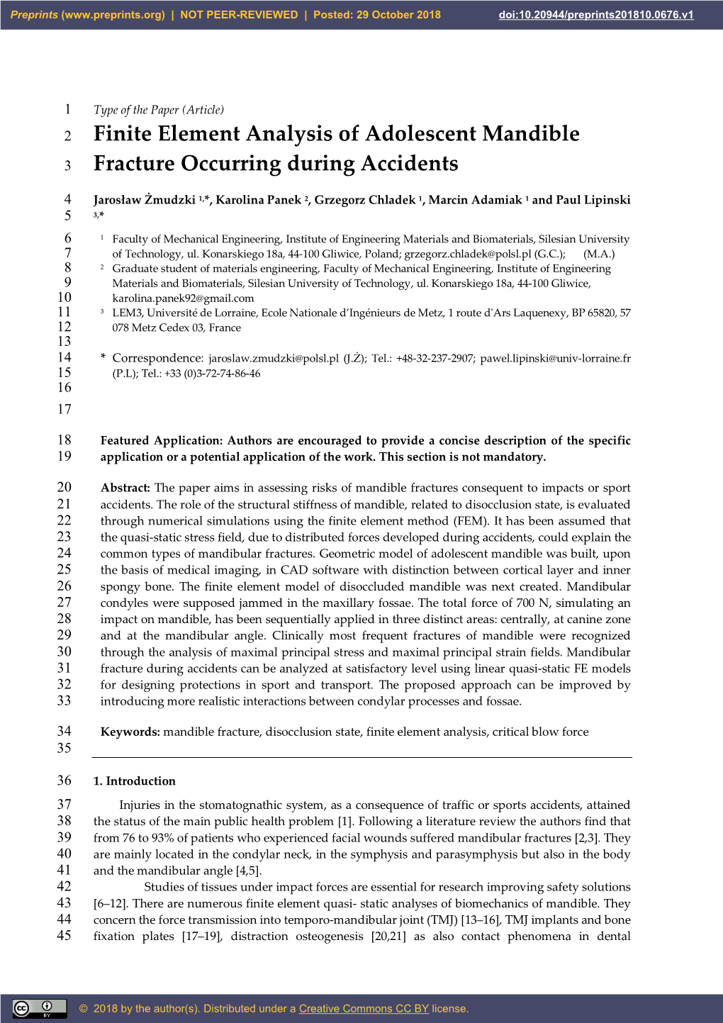 Finite Element Analysis of Adolescent Mandible Fracture Occurring During