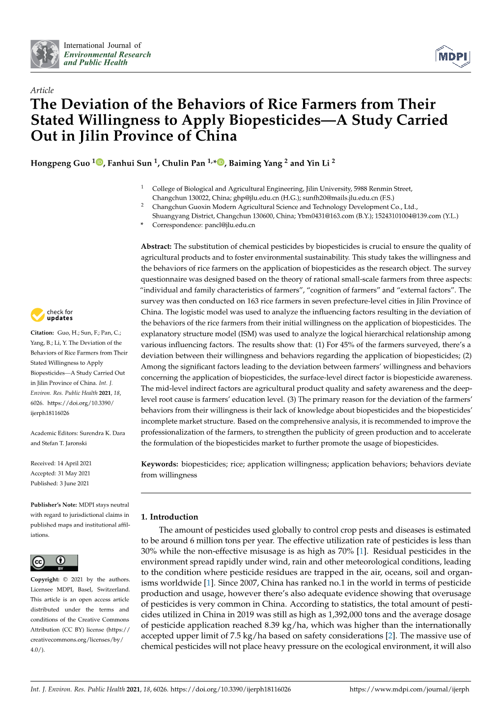 The Deviation of the Behaviors of Rice Farmers from Their Stated Willingness to Apply Biopesticides—A Study Carried out in Jilin Province of China