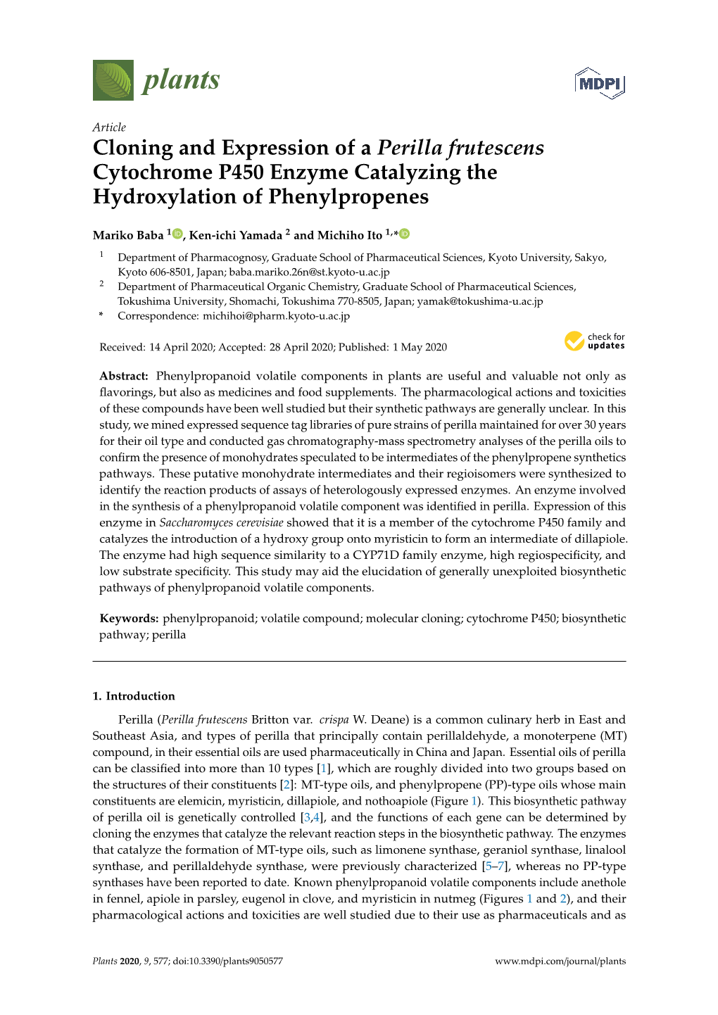 Cloning and Expression of a Perilla Frutescens Cytochrome P450 Enzyme Catalyzing the Hydroxylation of Phenylpropenes