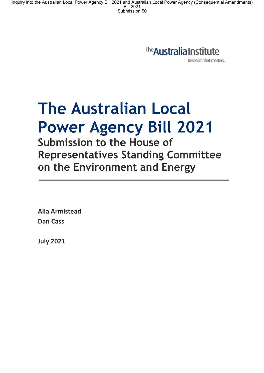 The Australian Local Power Agency Bill 2021 and Australian Local Power Agency (Consequential Amendments) Bill 2021 Submission 50