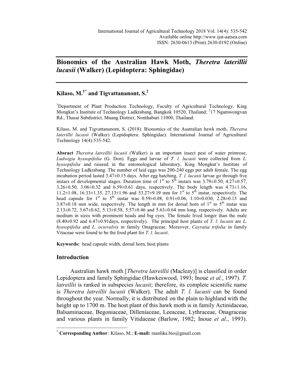 (Lepidoptera: Sphingidae). International Journal of Agricultural Technology 14(4):535-542