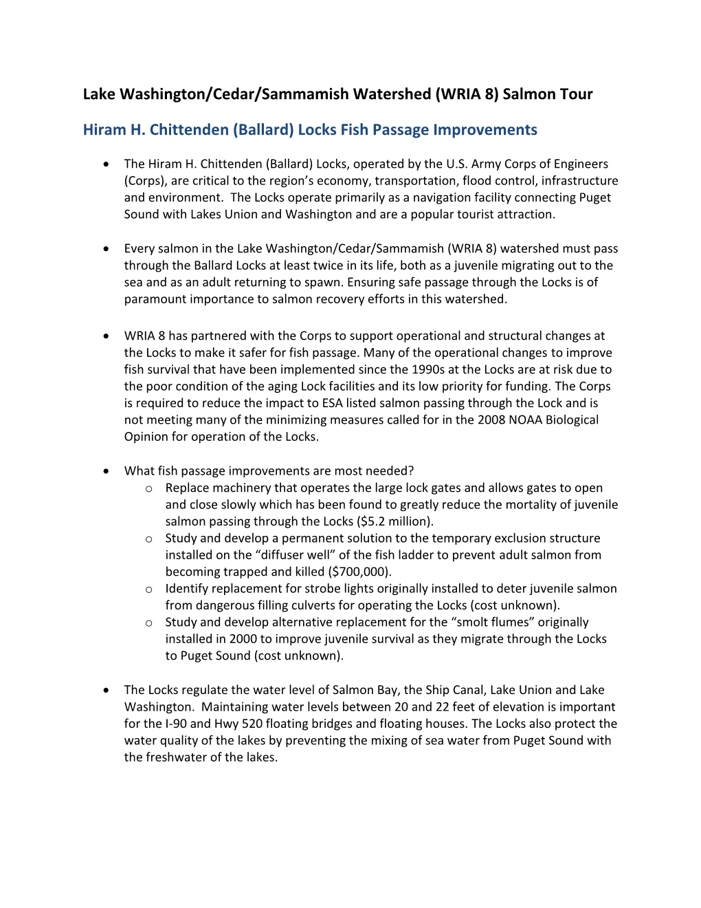 Hiram H. Chittenden (Ballard) Locks Fish Passage Improvement Needs