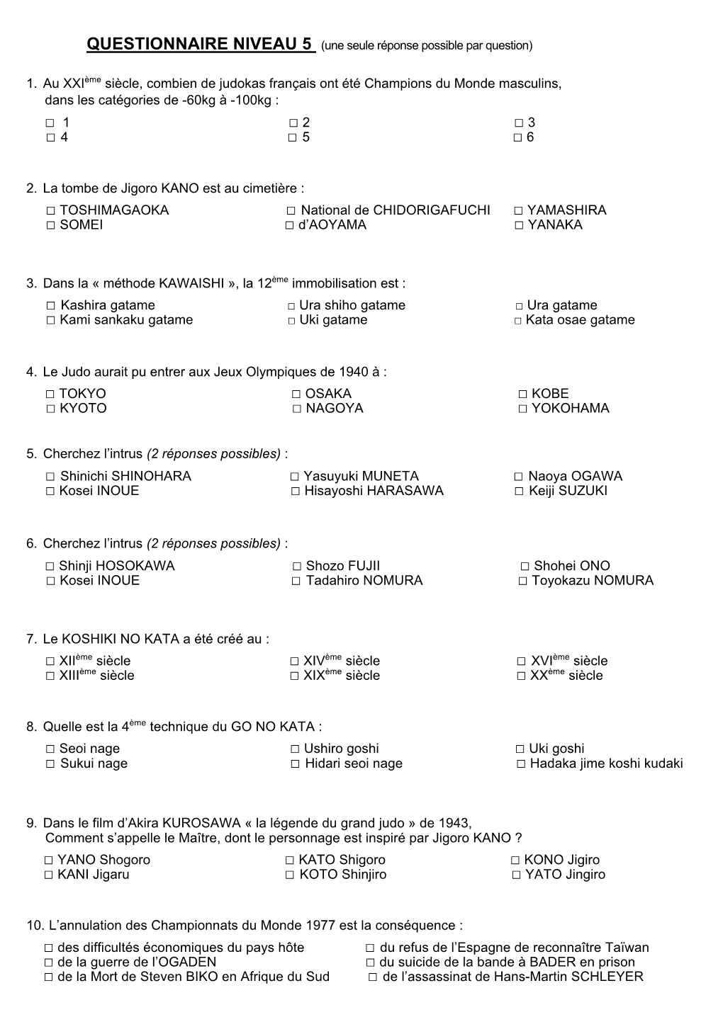 Questionnaire De Connaissances Niveau 5