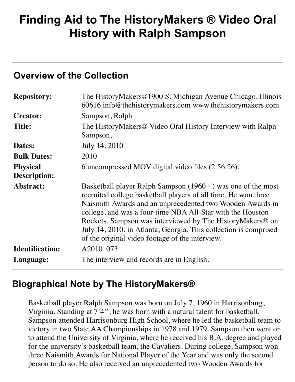 Finding Aid to the Historymakers ® Video Oral History with Ralph Sampson