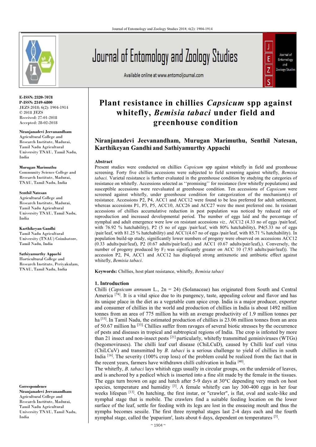 Plant Resistance in Chillies Capsicum Spp Against Whitefly, Bemisia Tabaci Under Field and Greenhouse Condition