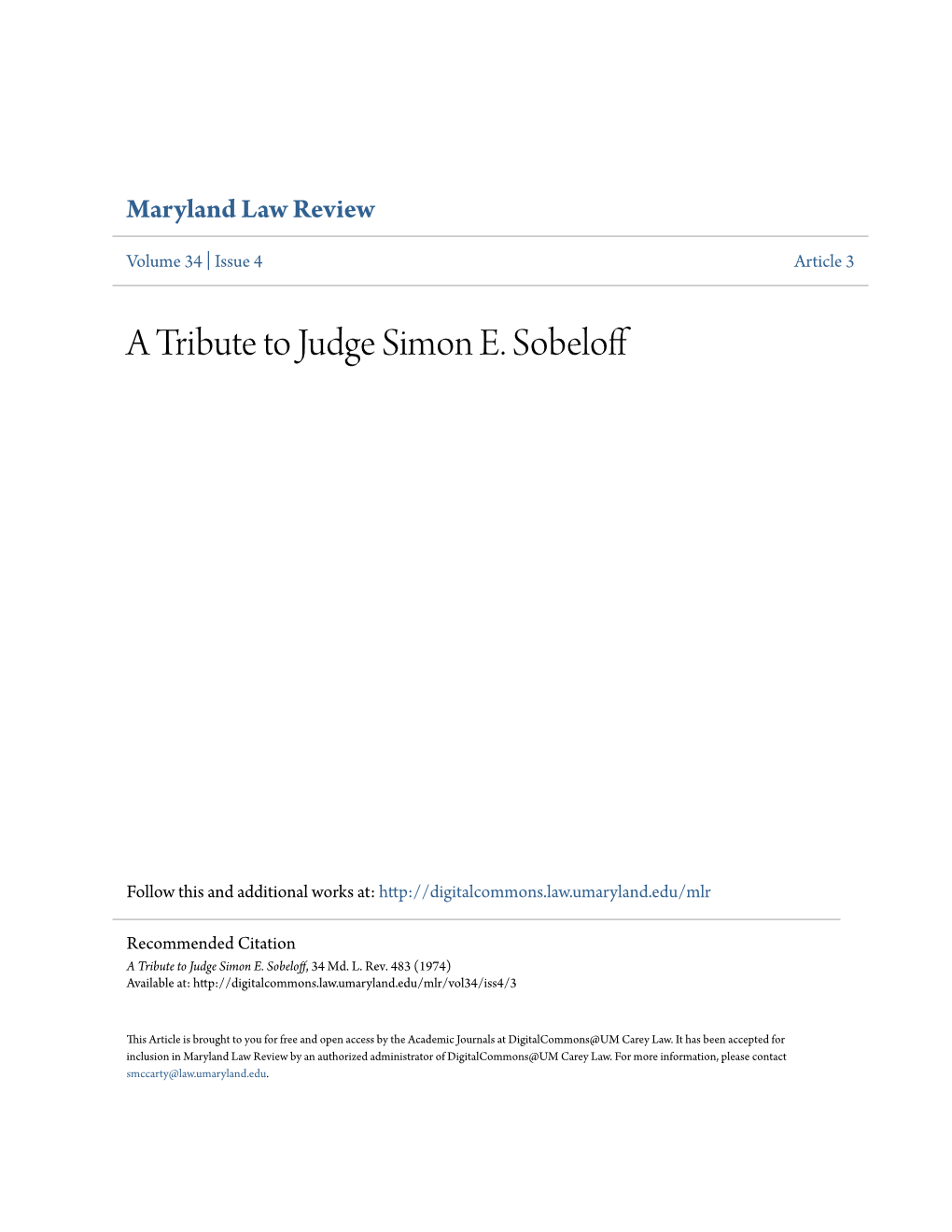 A Tribute to Judge Simon E. Sobeloff