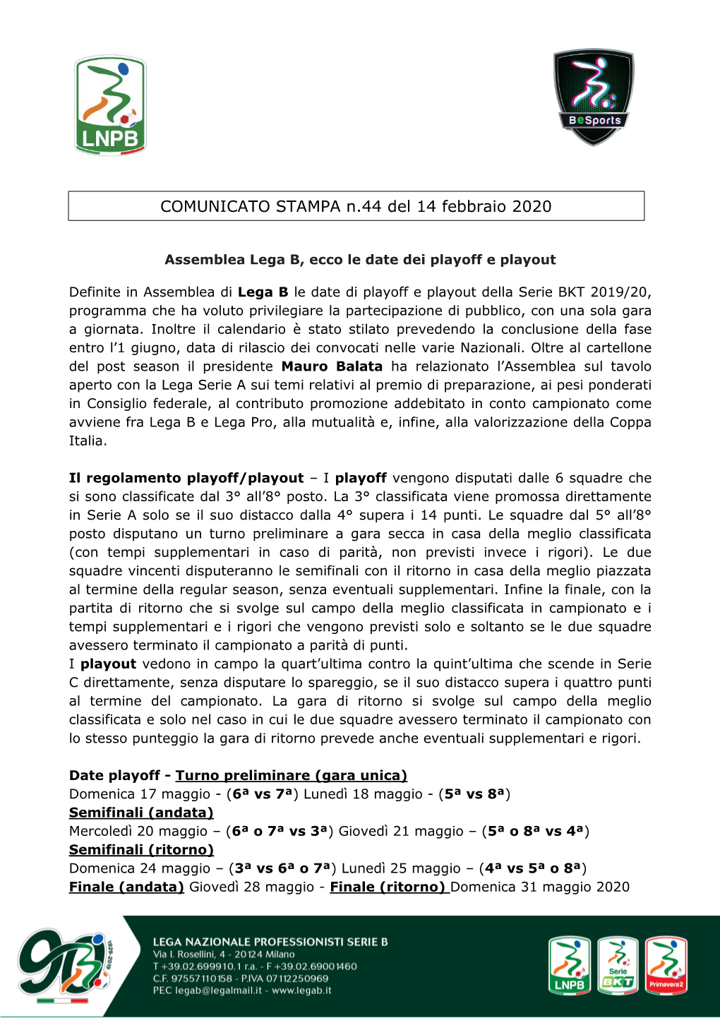 COMUNICATO STAMPA N.44 Del 14 Febbraio 2020