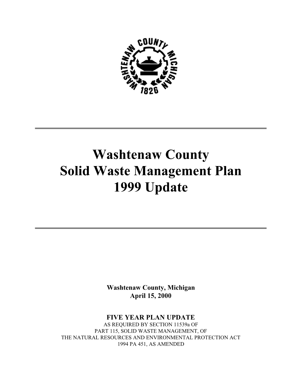 Washtenaw County Solid Waste Management Plan 1999 Update