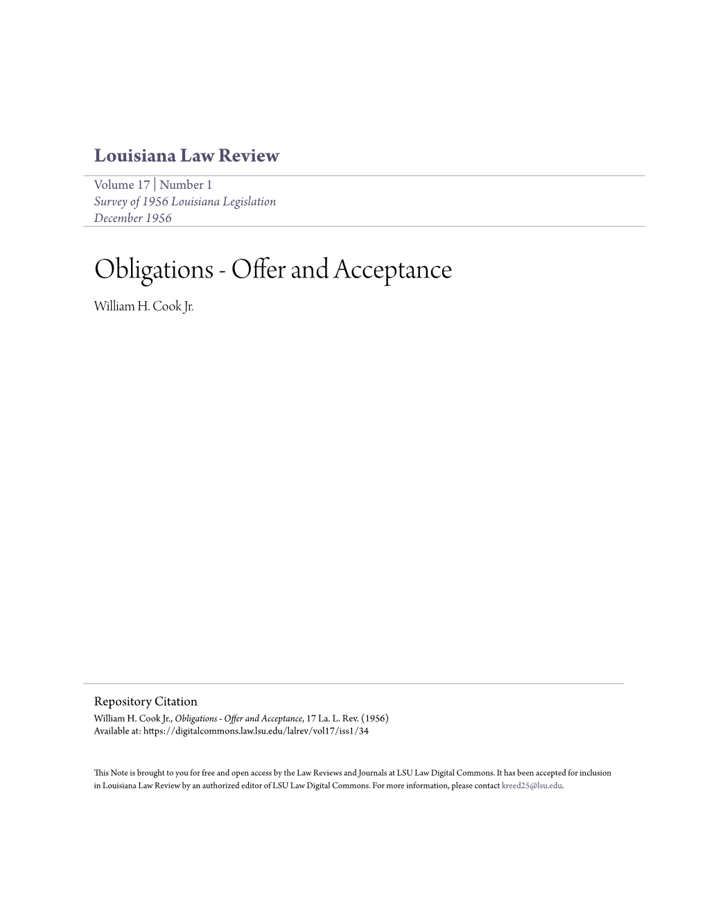 Obligations - Offer and Acceptance William H