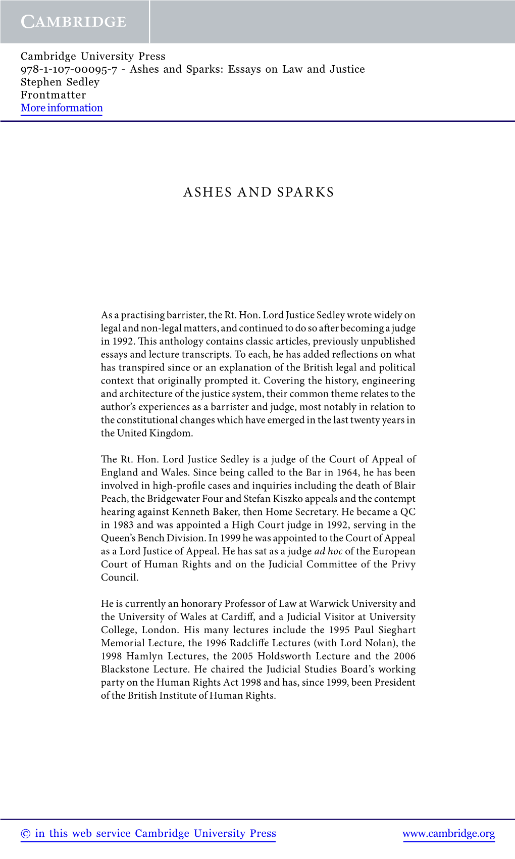 Ashes and Sparks: Essays on Law and Justice Stephen Sedley Frontmatter More Information
