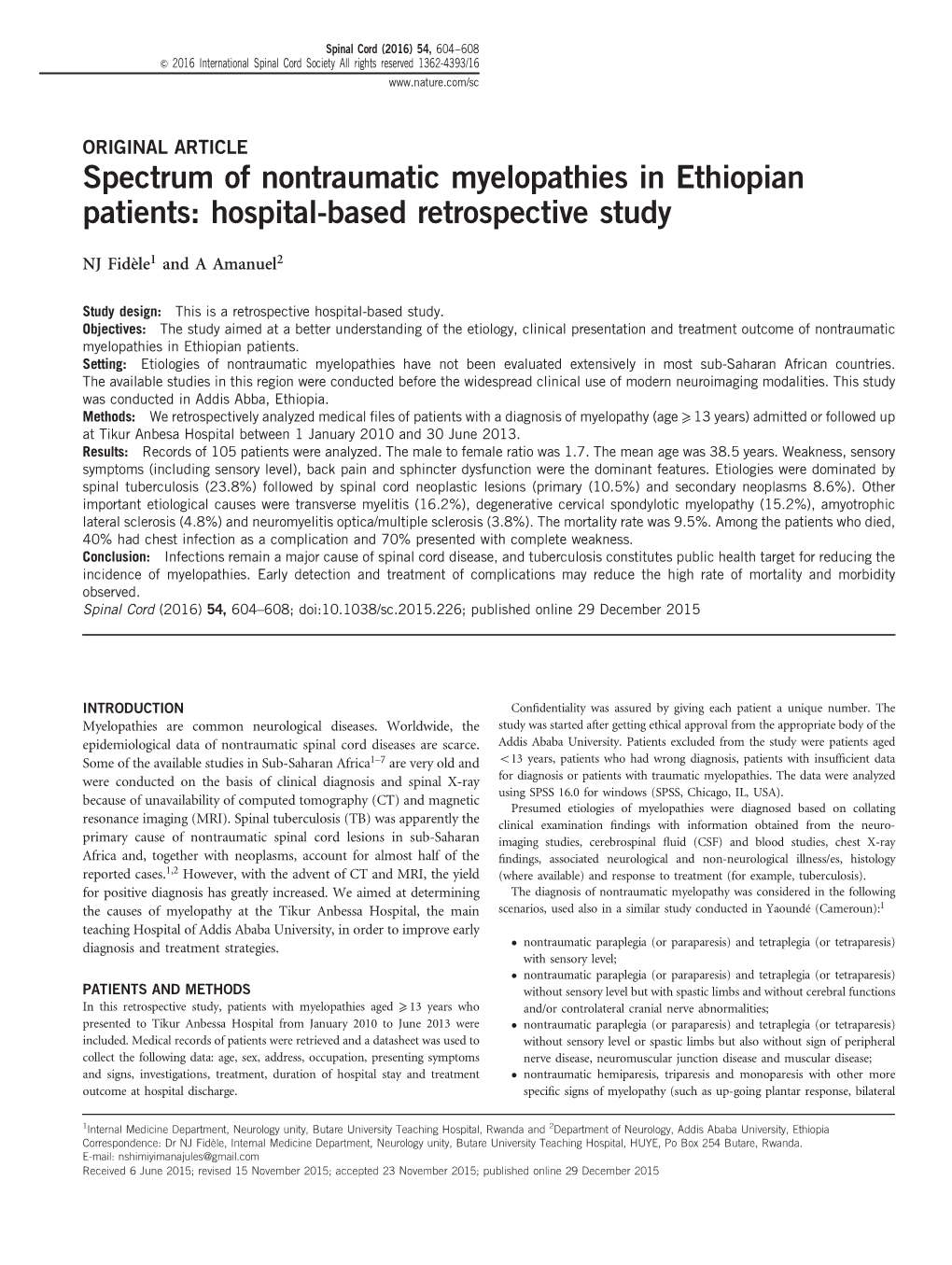 Spectrum of Nontraumatic Myelopathies in Ethiopian Patients: Hospital-Based Retrospective Study