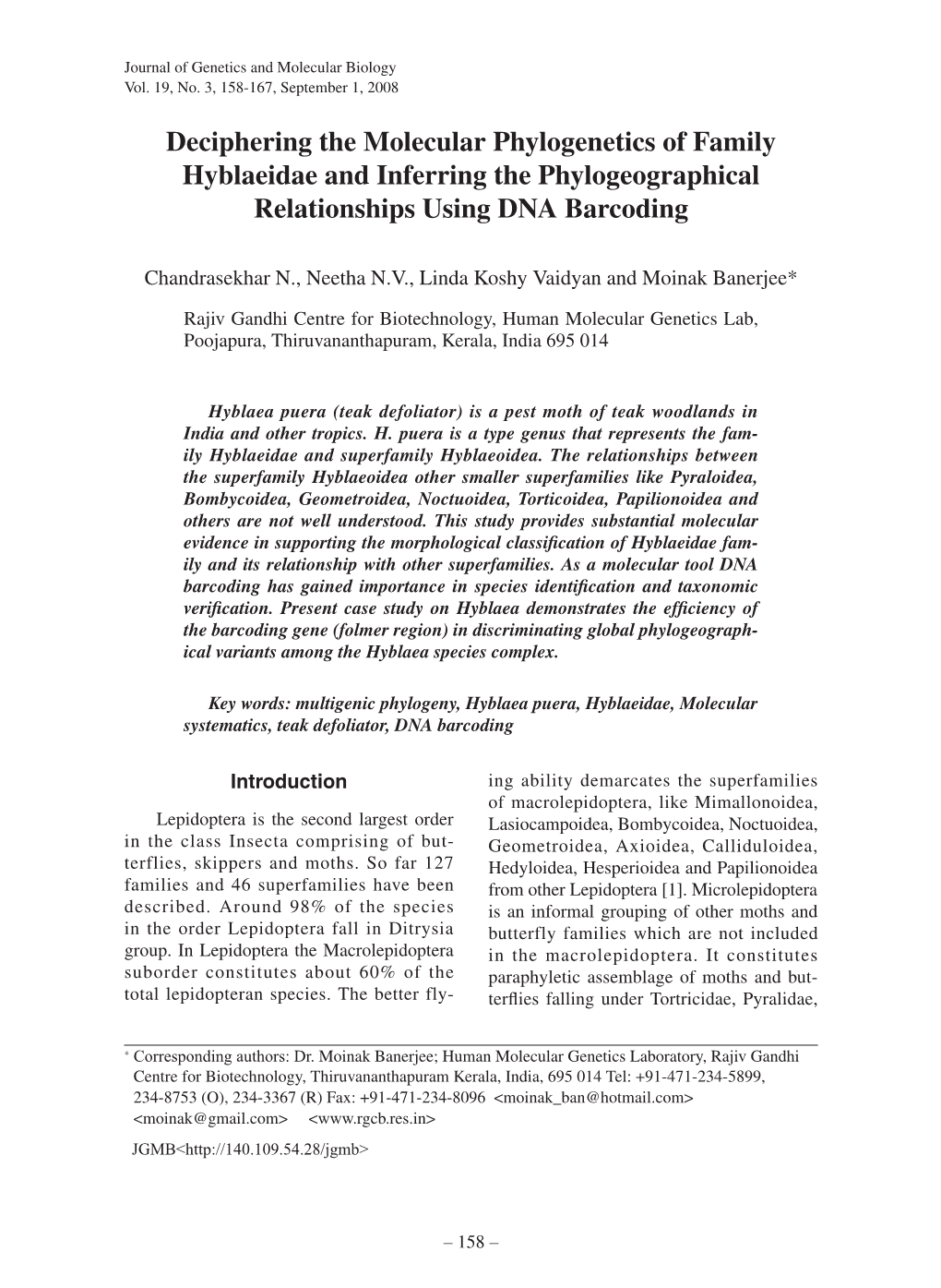 Deciphering the Molecular Phylogenetics of Family Hyblaeidae and Inferring the Phylogeographical Relationships Using DNA Barcoding