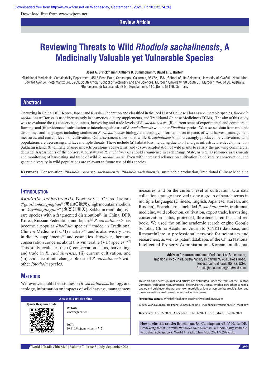 Reviewing Threats to Wild Rhodiola Sachalinensis, a Medicinally Valuable Yet Vulnerable Species