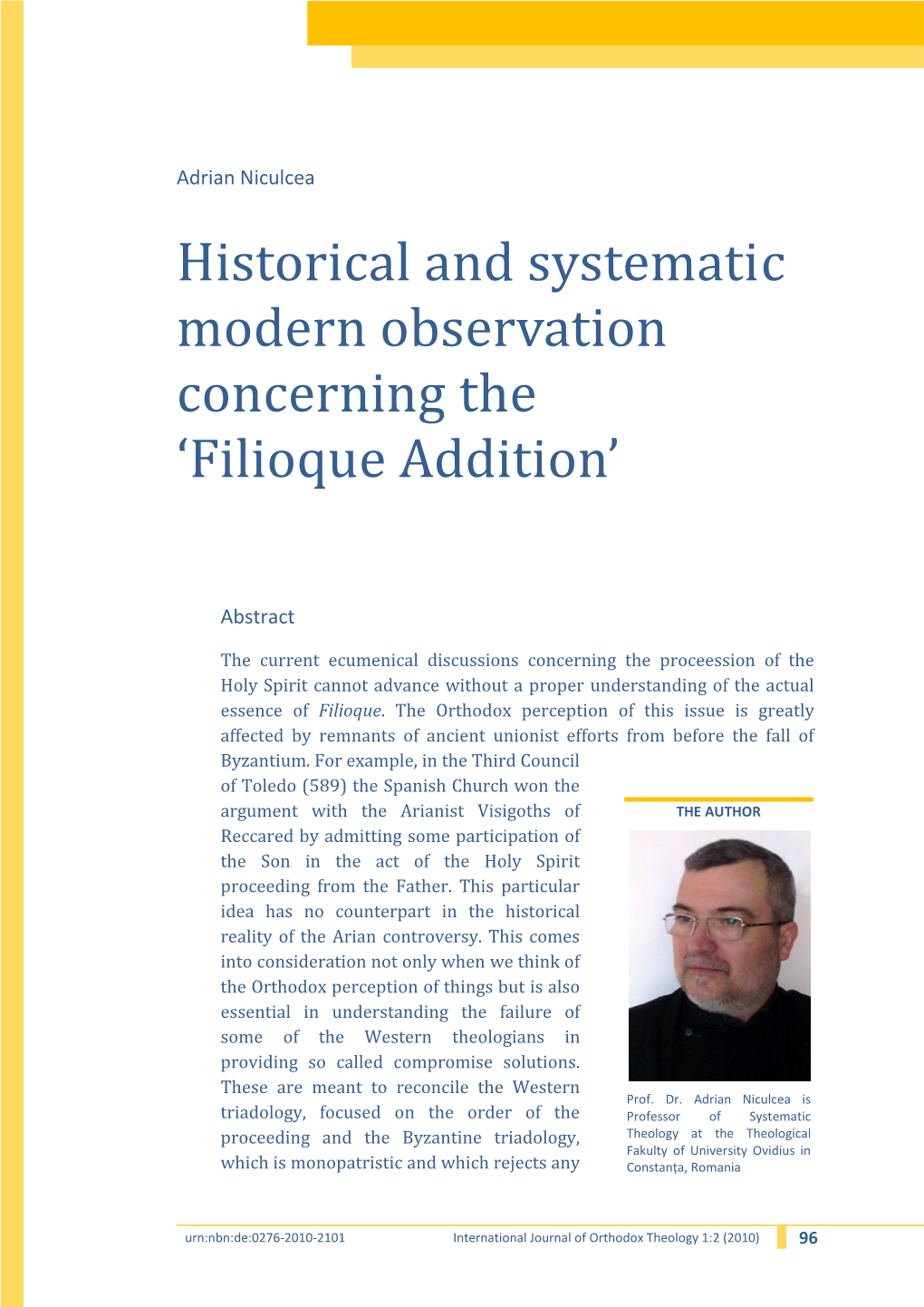 Historical and Systematic Modern Observation Concerning the ‘Filioque Addition’