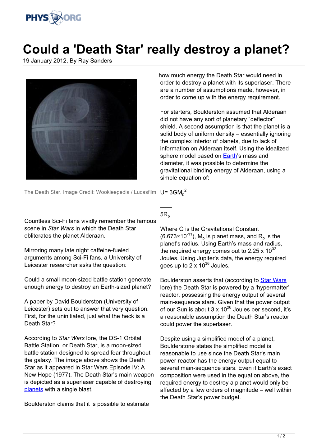 Death Star' Really Destroy a Planet? 19 January 2012, by Ray Sanders