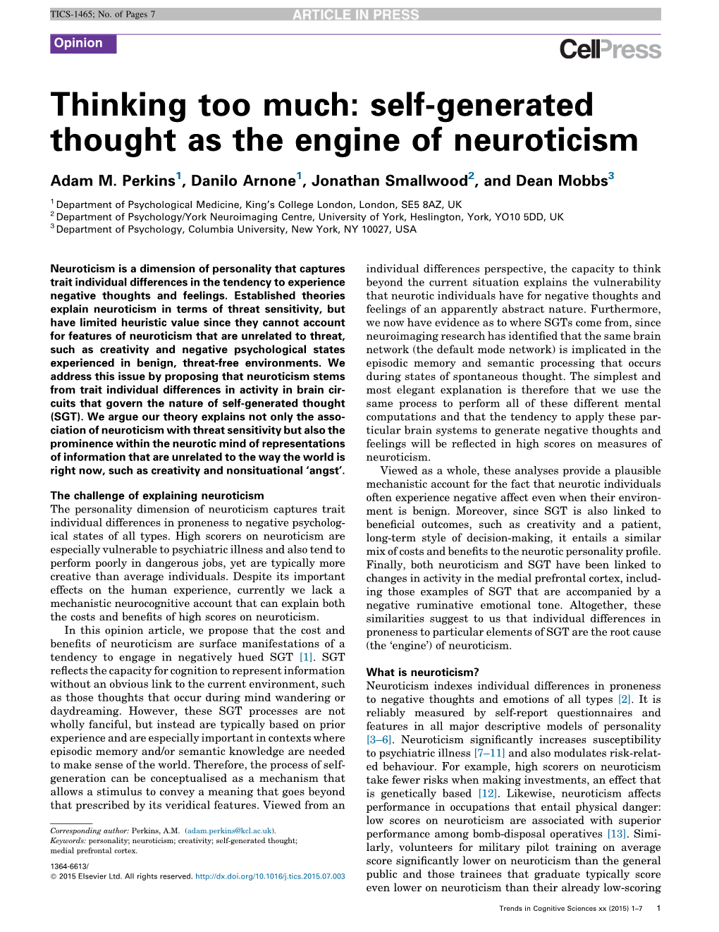 Self-Generated Thought As the Engine of Neuroticism