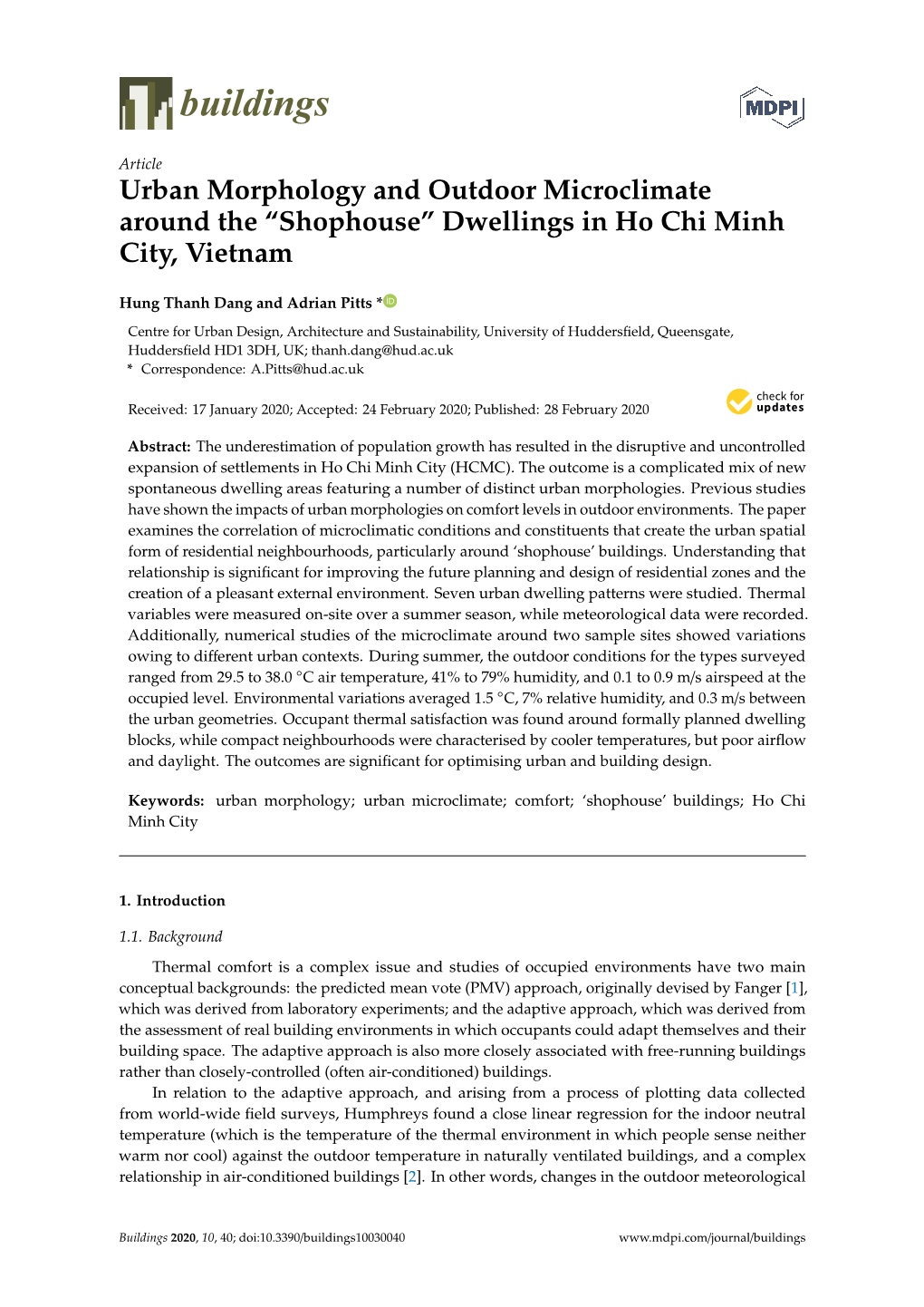 Urban Morphology and Outdoor Microclimate Around the “Shophouse” Dwellings in Ho Chi Minh City, Vietnam