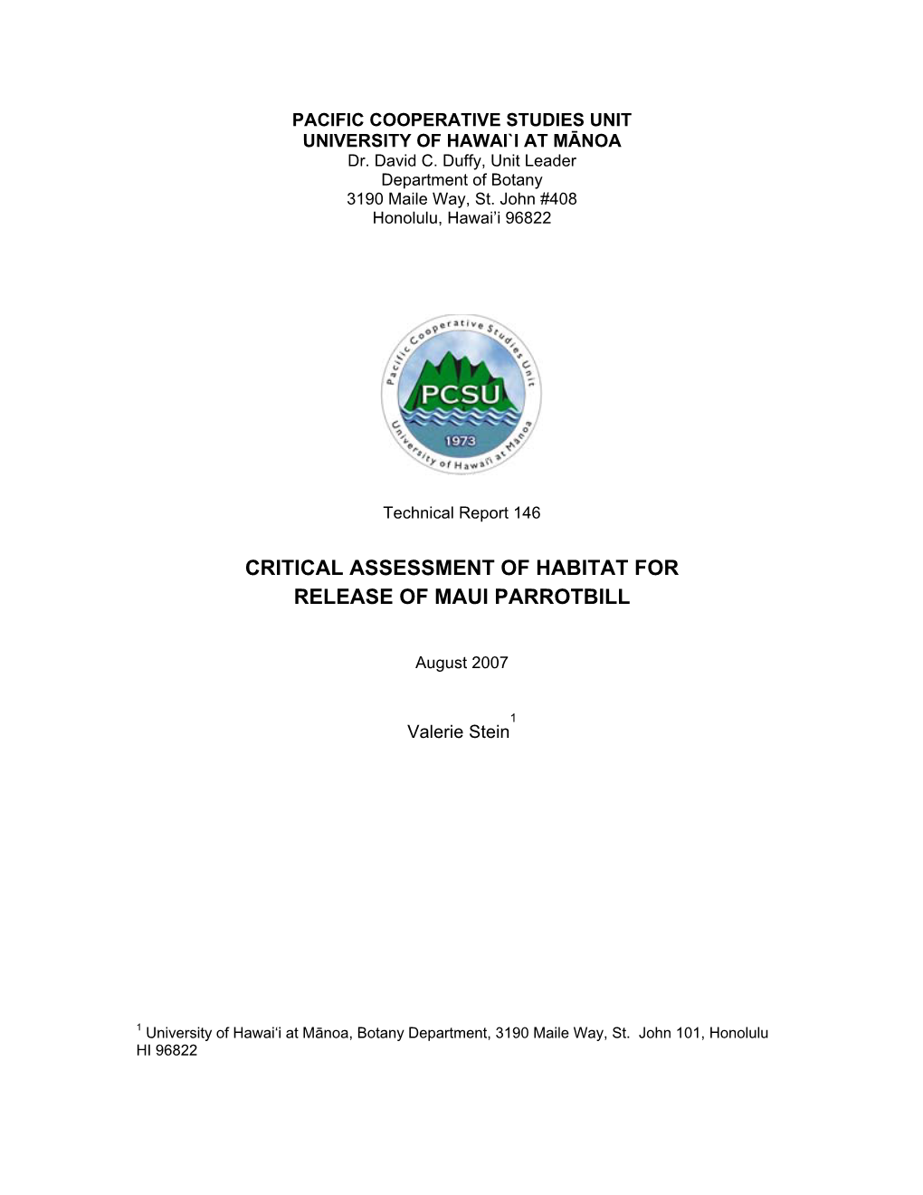 Critical Assessment of Habitat for Release of Maui Parrotbill