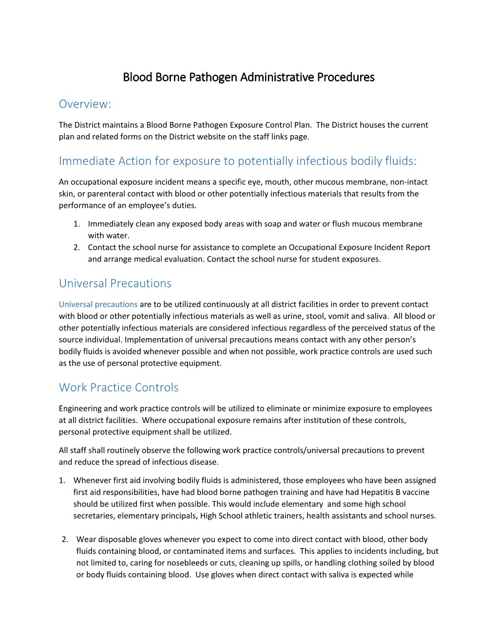 Blood Borne Pathogens Administrative Procedures