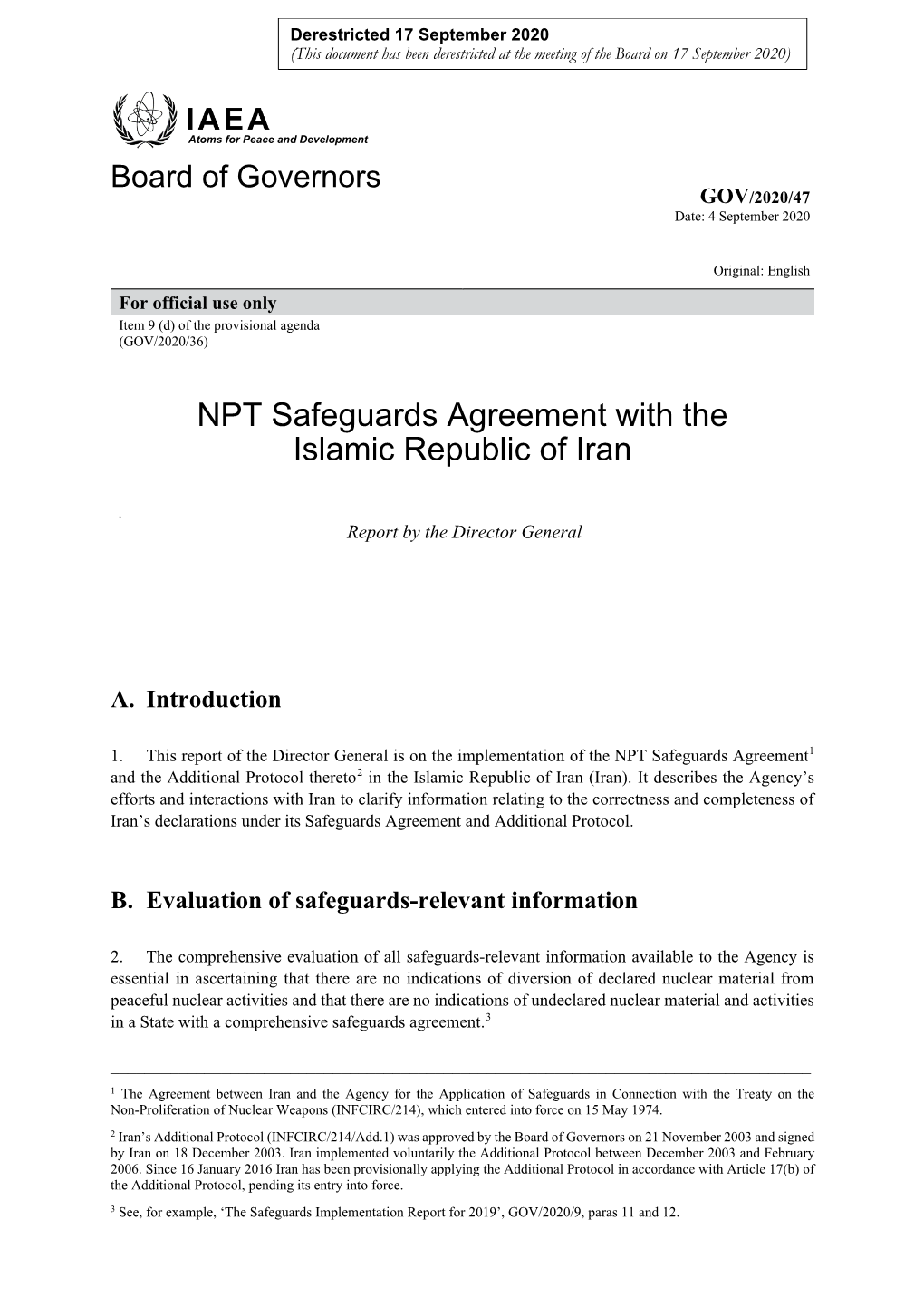 NPT Safeguards Agreement with the Islamic Republic of Iran