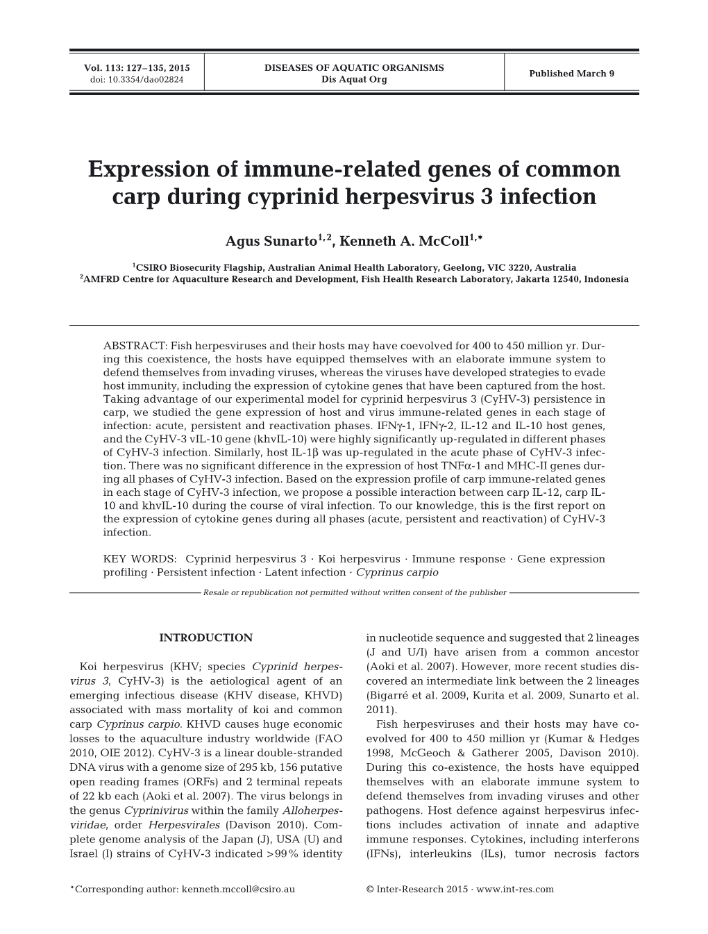 Expression of Immune-Related Genes of Common Carp During Cyprinid Herpesvirus 3 Infection