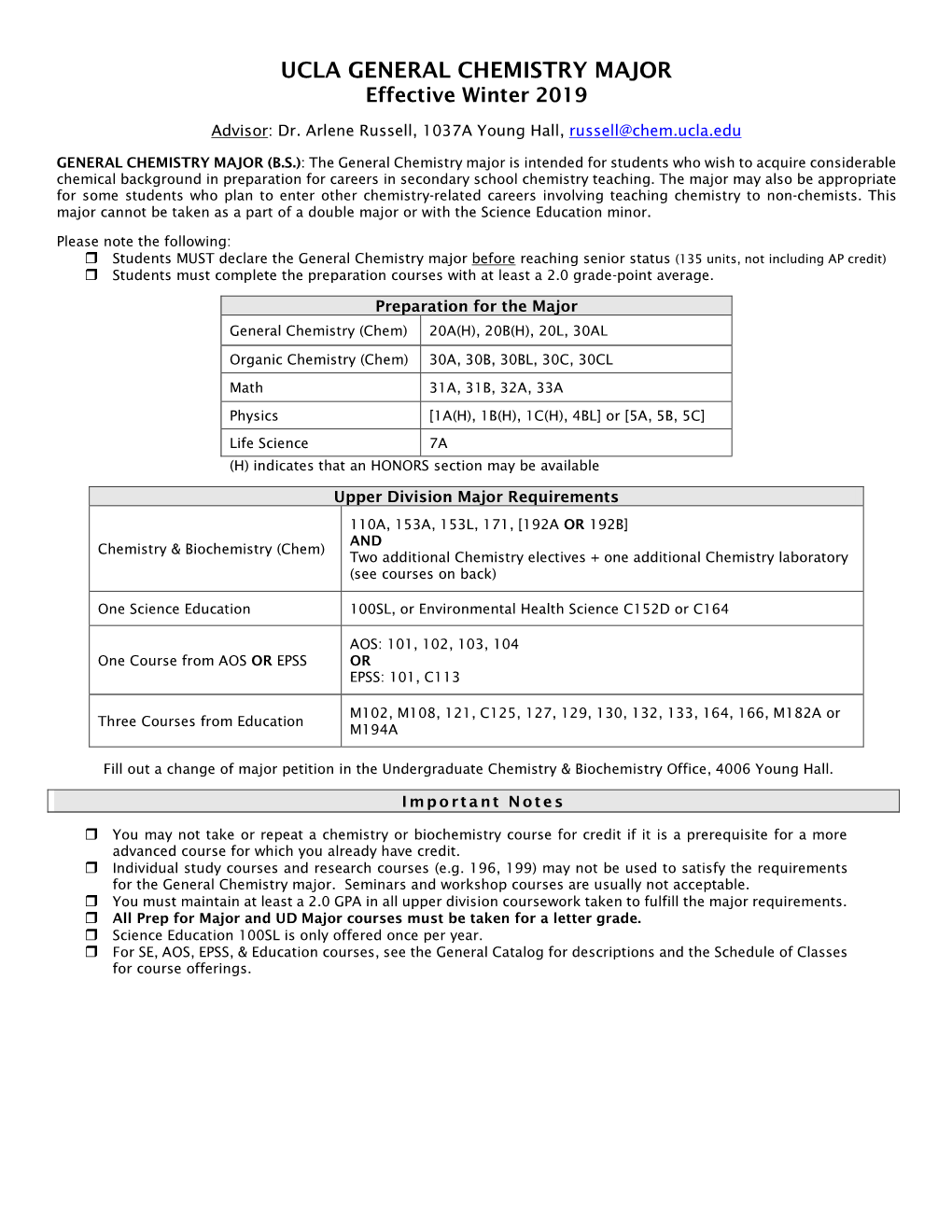 UCLA GENERAL CHEMISTRY MAJOR Effective Winter 2019