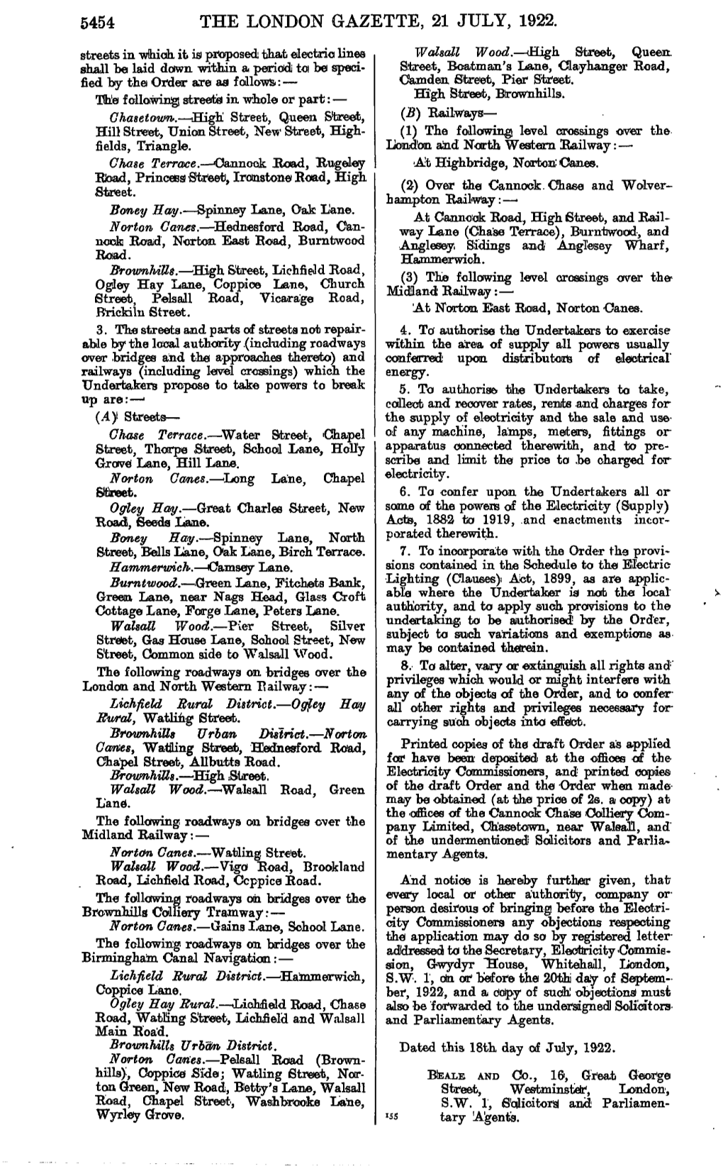 5454 the LONDON GAZETTE, 21 JULY, 1922. Streets in Which, It Is Proposed That Electrio Lines Walsall Wood.—(High Street, Queen
