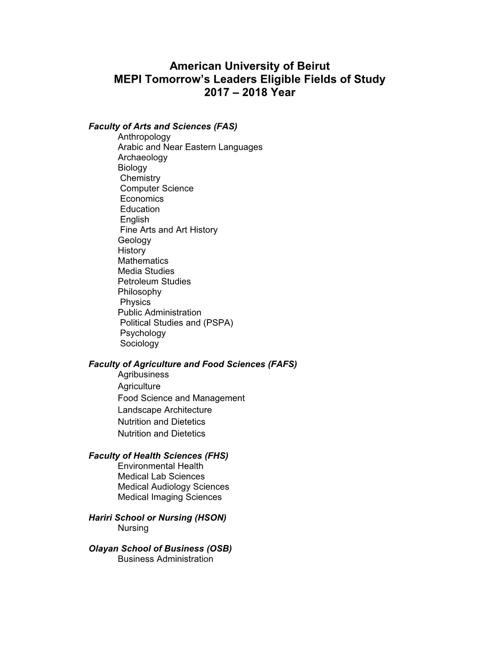 MEPI Tomorrow S Leaders Eligible Fields of Study