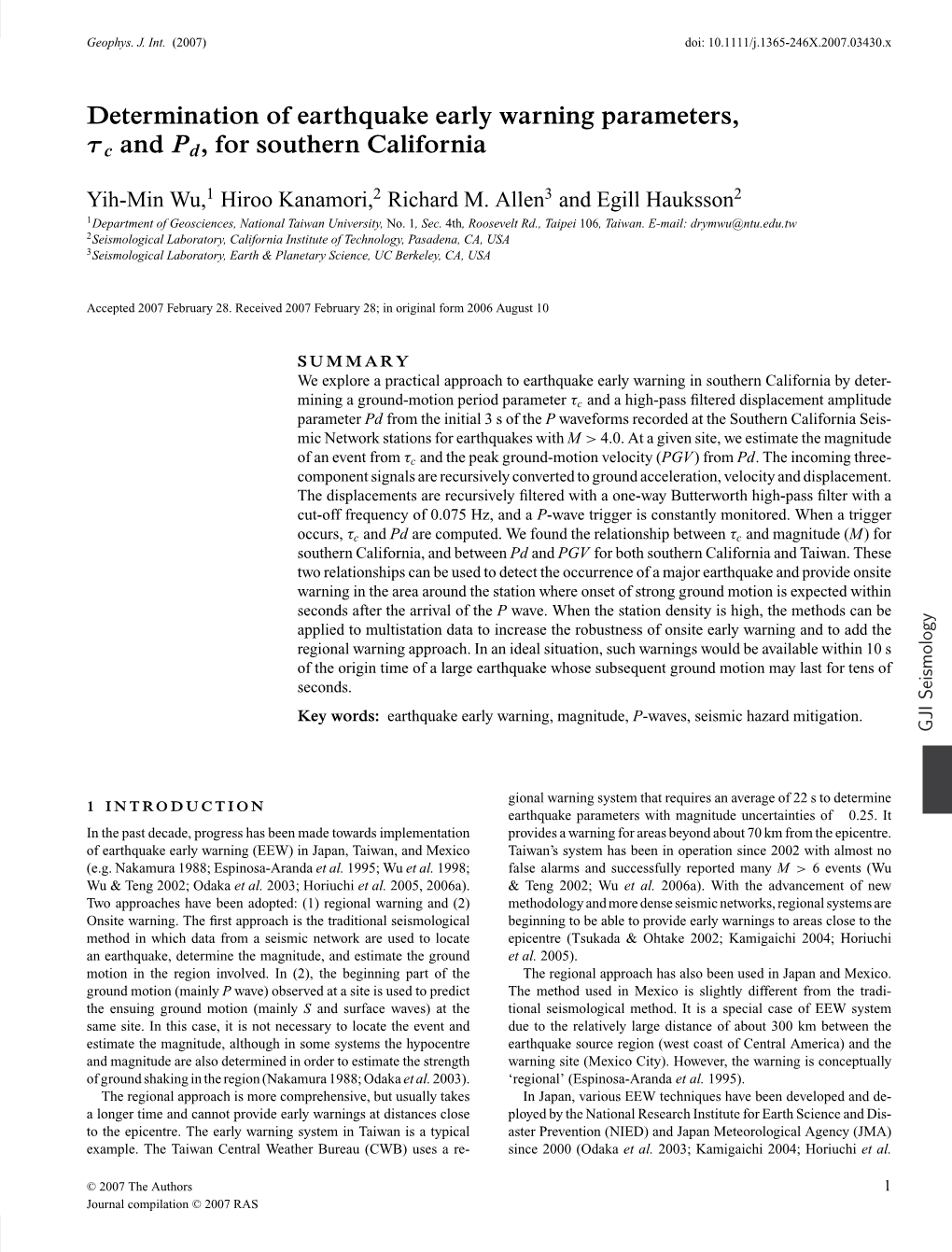 Determination of Earthquake Early Warning Parameters, Τc and Pd, for Southern California