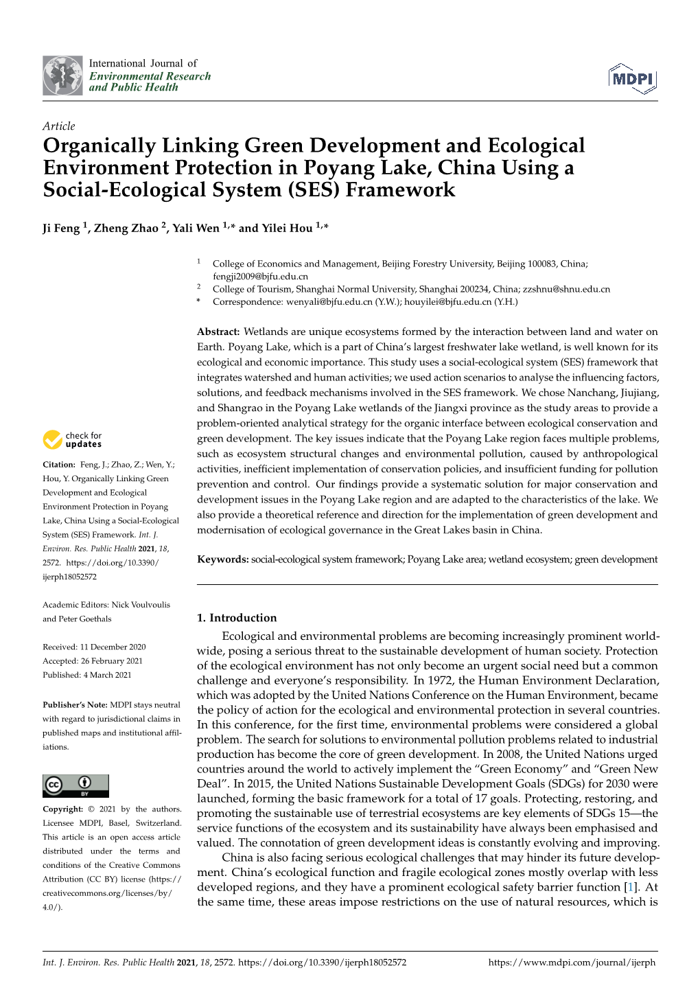 Organically Linking Green Development and Ecological Environment Protection in Poyang Lake, China Using a Social-Ecological System (SES) Framework