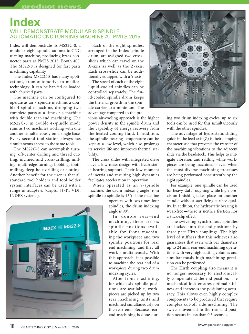 Product News Index WILL DEMONSTRATE MODULAR 8-SPINDLE AUTOMATIC CNC TURNING MACHINE at PMTS 2015