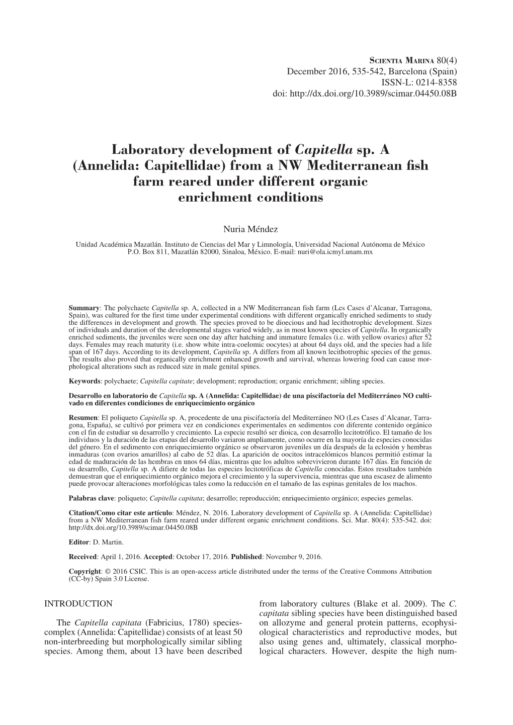 Laboratory Development of Capitella Sp. a (Annelida: Capitellidae) from a NW Mediterranean Fish Farm Reared Under Different Organic Enrichment Conditions