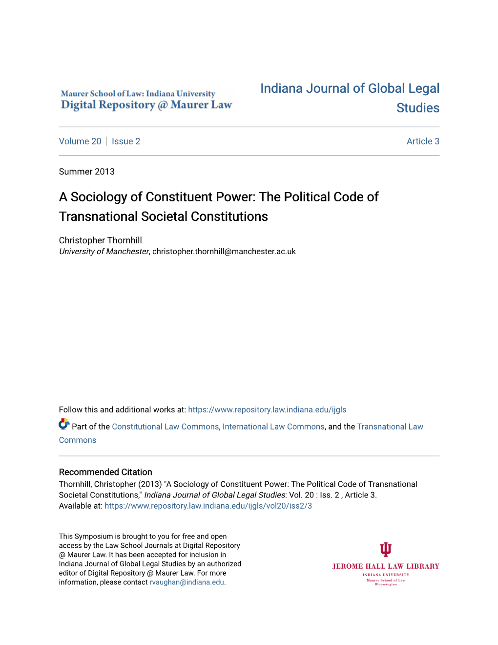 A Sociology of Constituent Power: the Political Code of Transnational Societal Constitutions