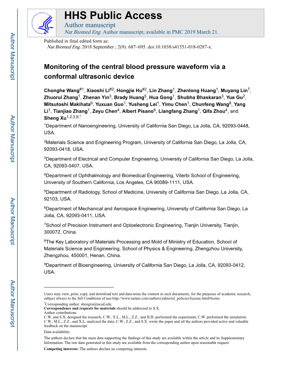 Monitoring of the Central Blood Pressure Waveform Via a Conformal Ultrasonic Device