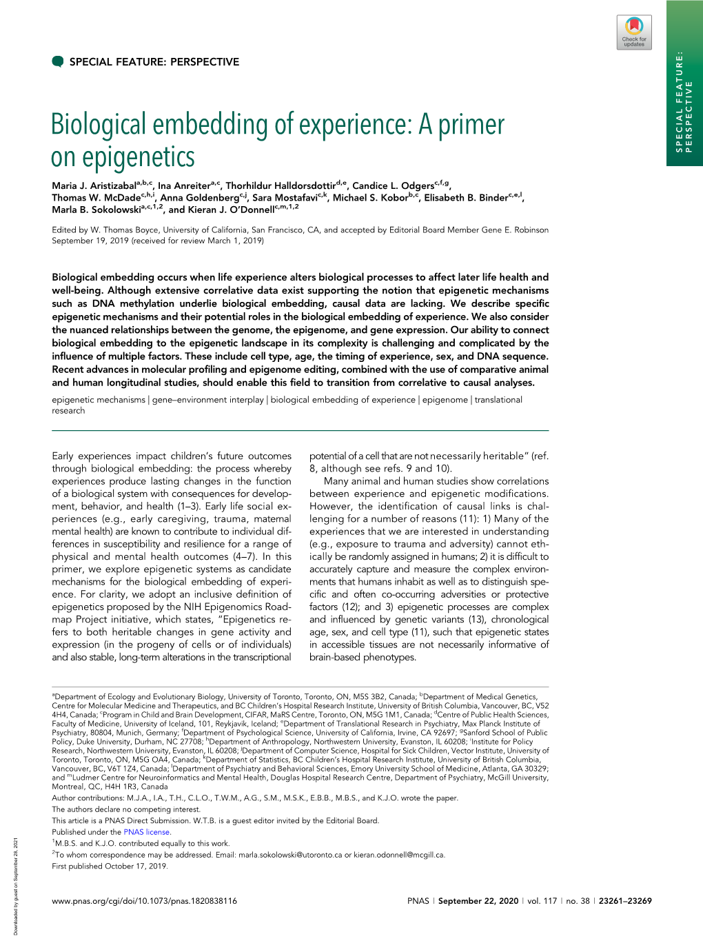 Biological Embedding of Experience: a Primer on Epigenetics SPECIAL FEATURE: PERSPECTIVE Maria J