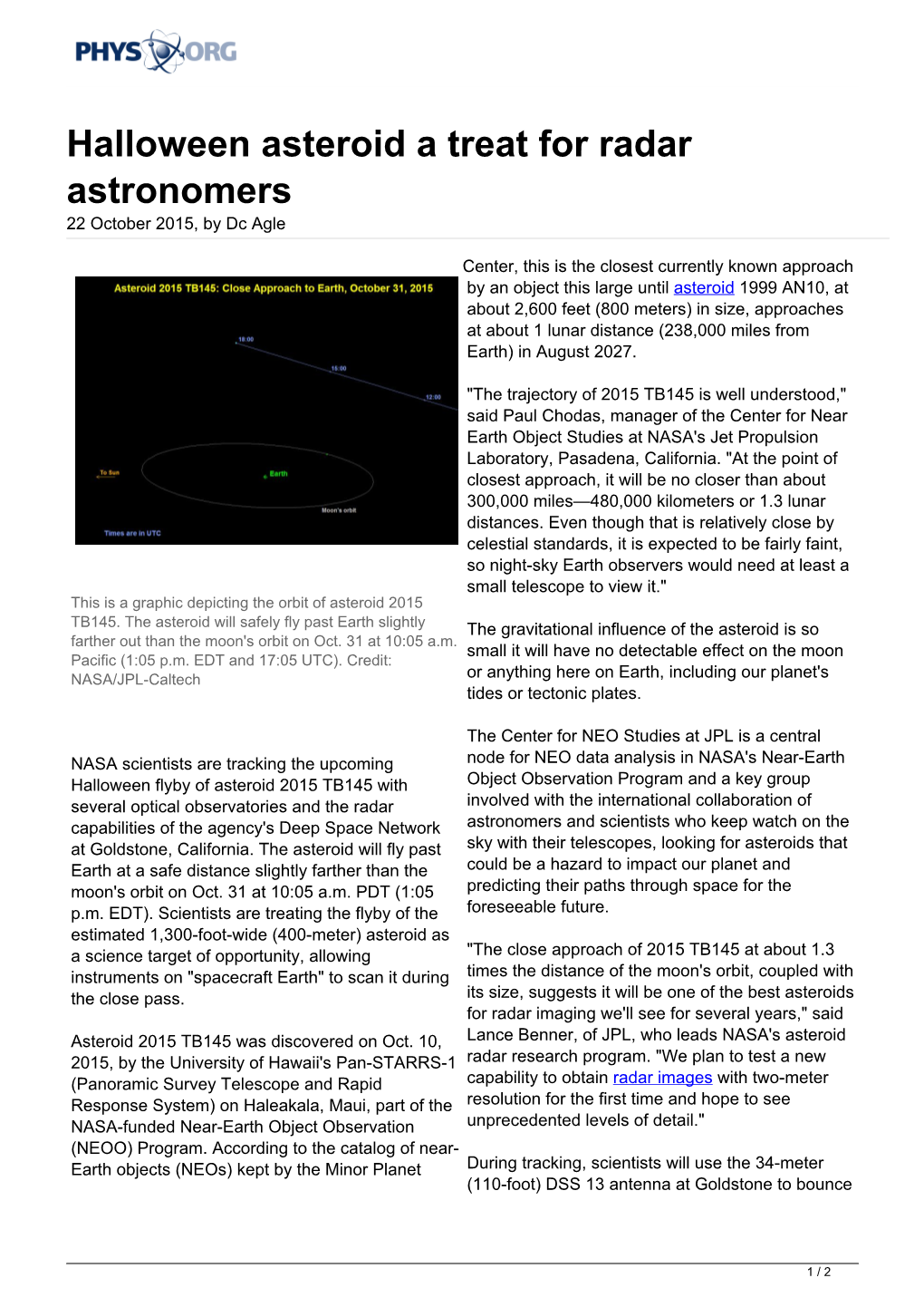 Halloween Asteroid a Treat for Radar Astronomers 22 October 2015, by Dc Agle