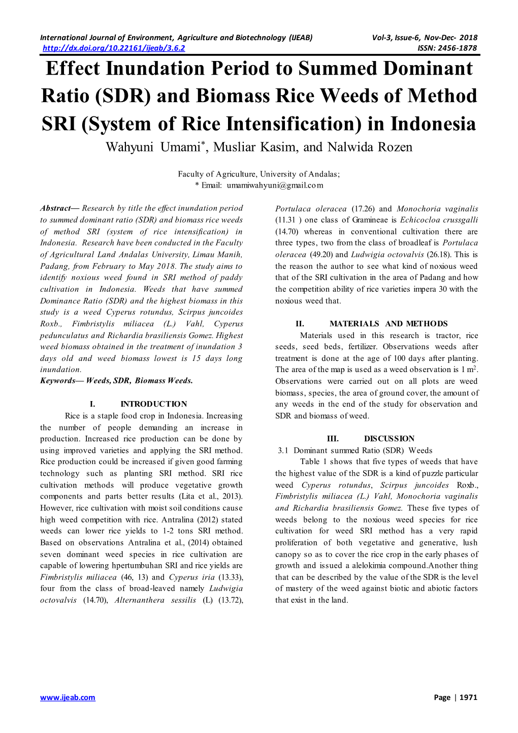 Effect Inundation Period to Summed Dominant Ratio (SDR)