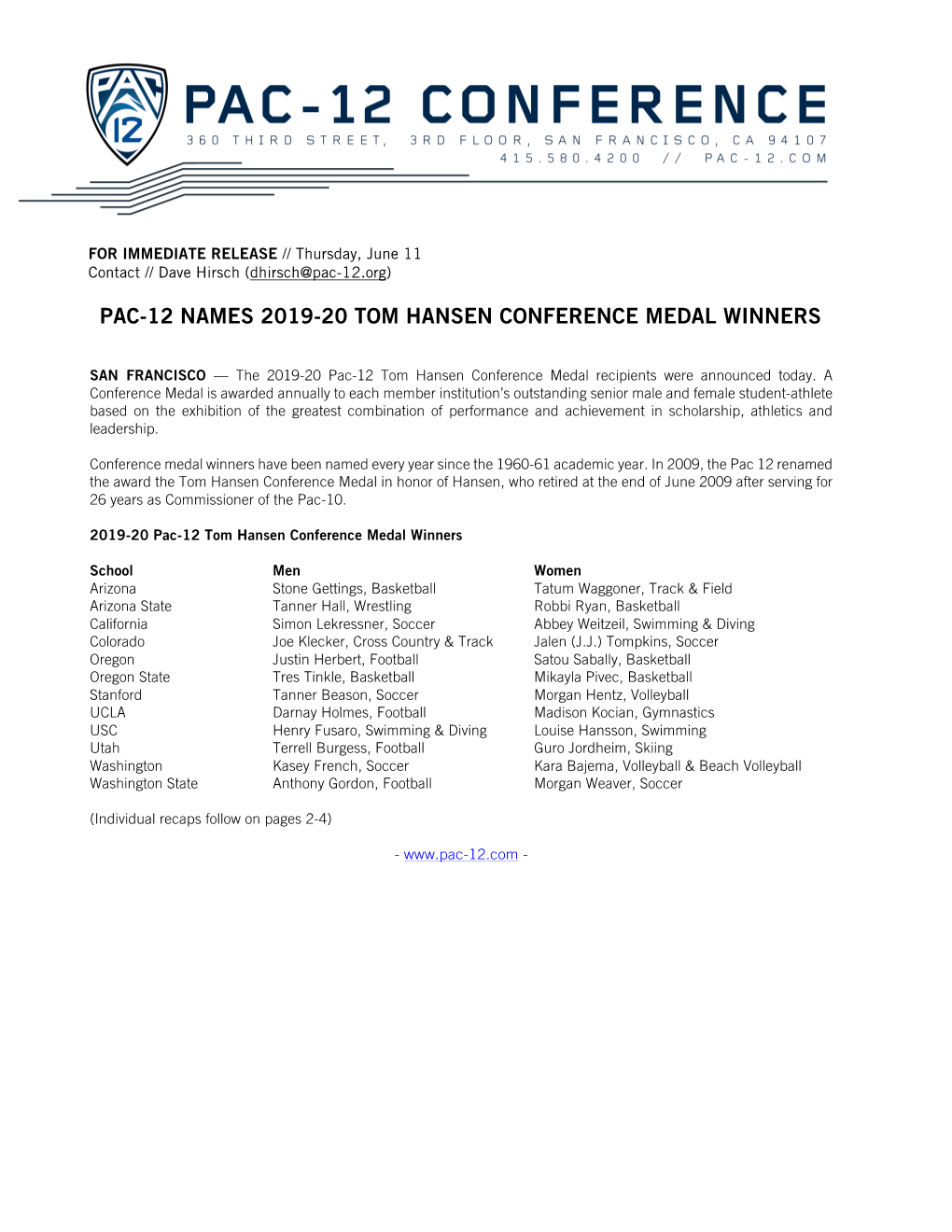 2019-20 Conf Tom Hansen Medal Release Final
