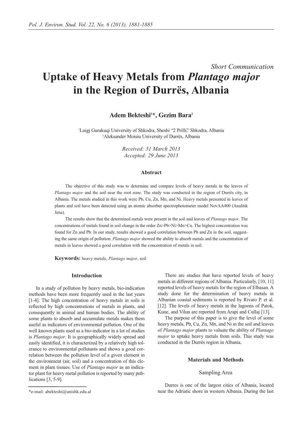 Uptake of Heavy Metals from Plantago Major in the Region of Durrës, Albania