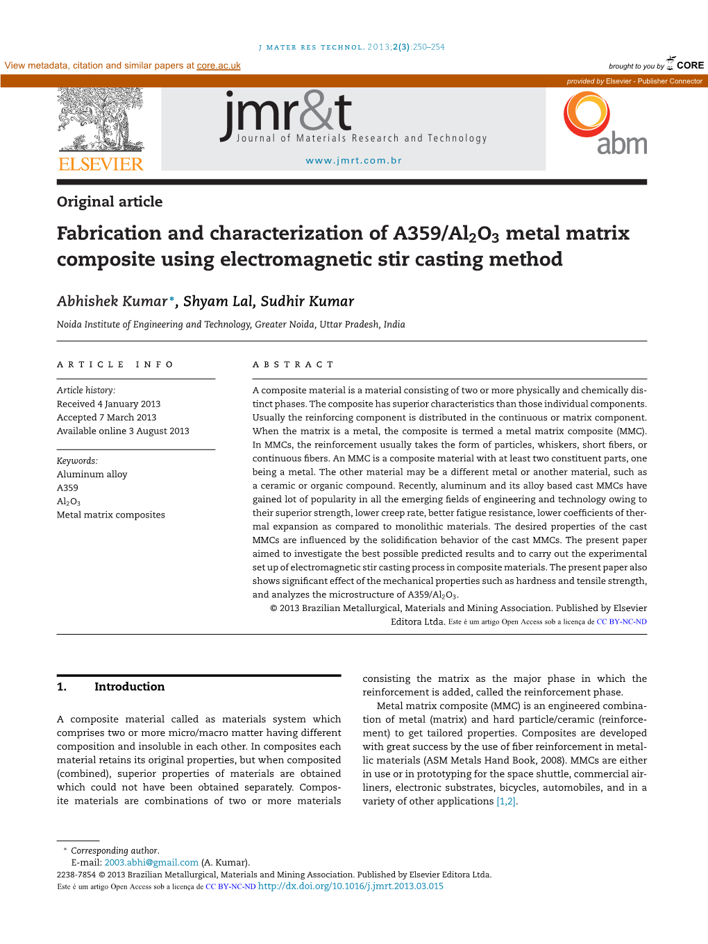 Fabrication and Characterization of A359/Al2o3 Metal Matrix Composite Using Electromagnetic Stir Casting Method