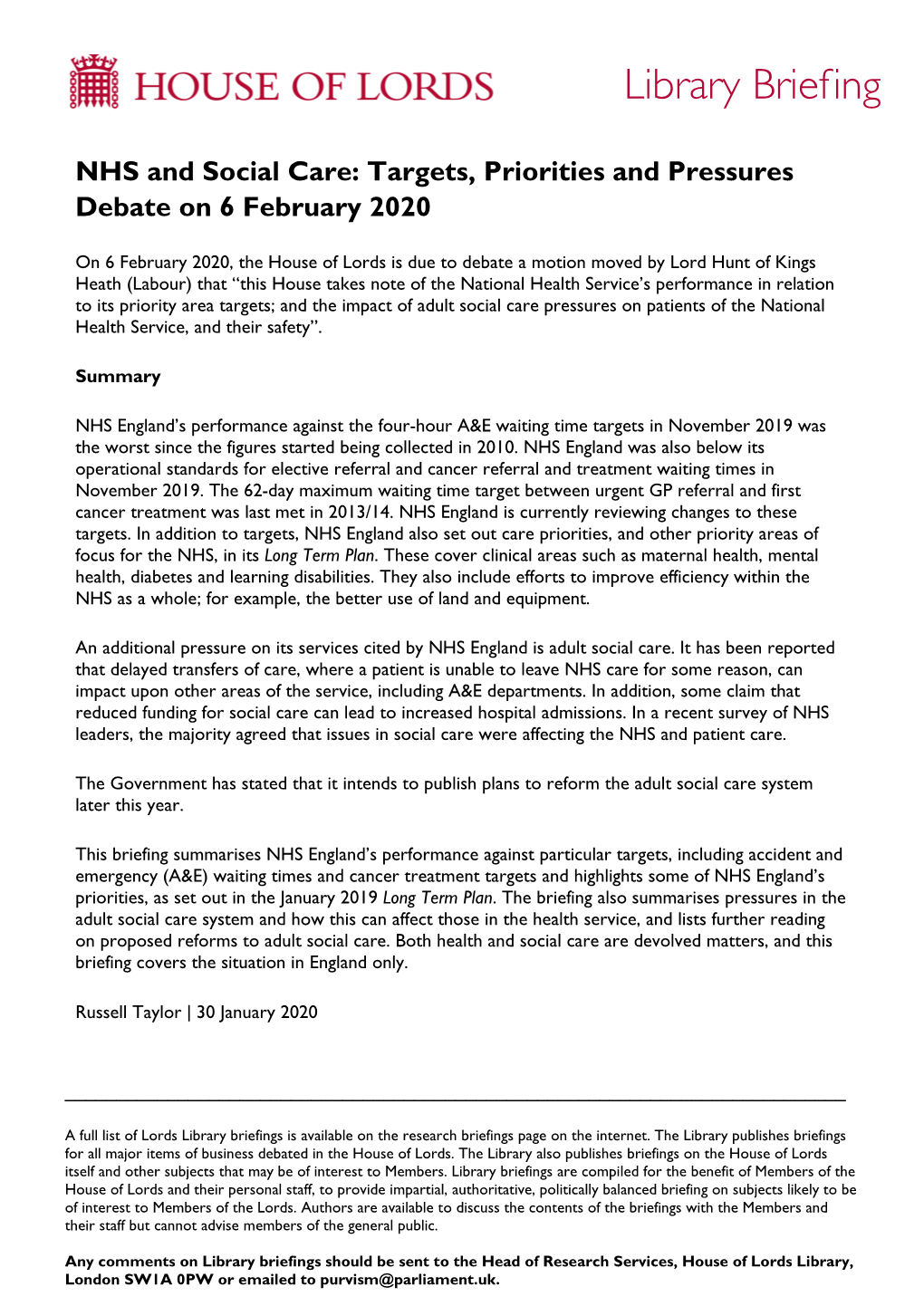 NHS and Social Care: Targets, Priorities and Pressures Debate on 6 February 2020